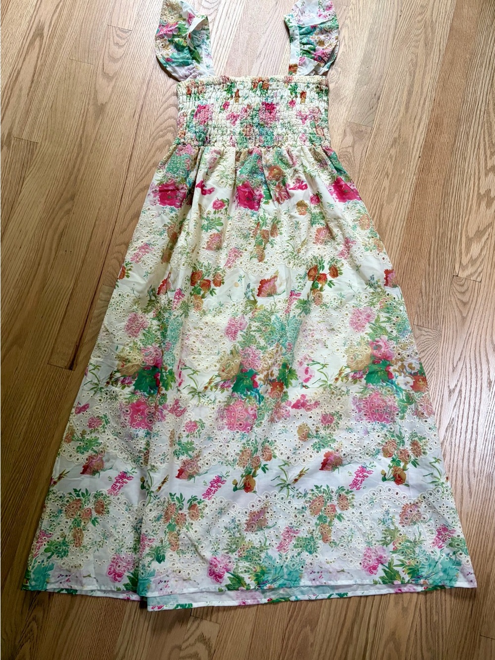 Floral Smocked Maxi Dress - Cream with Multicolor Floral Print